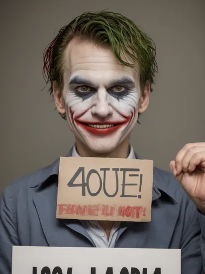 The Joker mugshot. A evil smile Joker(SHORT HAIR) holding a sign that reads "404"