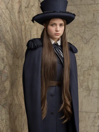 masterpiece, best quality, dramatic lighting, detailed face, detailed eyes,

1girl, cute, long hair, pony tail,  Napoleon Bonaparte cosplay, navy blue coat, cloak, regalia, sash, bicorn hat, Cockade,  dark hair,
serious expression, looking at viewer, looking at maps, map of Europe