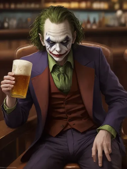 masterpiece, best quality, the joker with a beer in his hand sitting on a chair in a bar,  