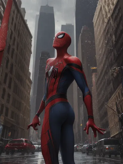 Spider Man,\\(series\\),extremely detailed CG unity 8k wallpaper,highest quality,ultra-detailed,solo,1boy,in new york City,parking lot,rain,drying hair,overexposure,from below,from back,,see sky