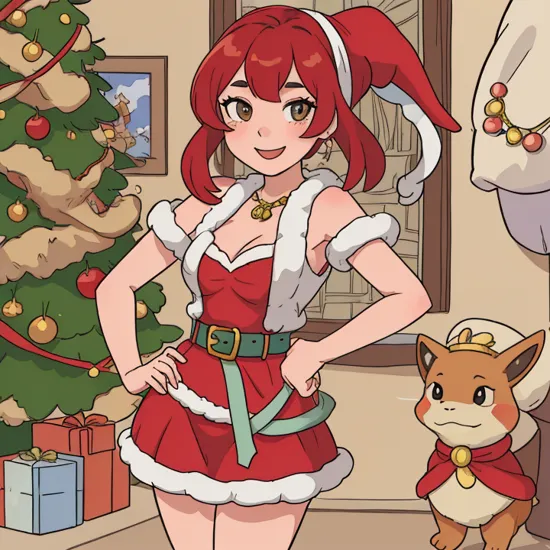 , jasmine \(pokemon\), standing in a house, christmas tree, christmas decorations, (best quality:1), Highres, Extremely Detailed, (cute face), detailed hands, ((detailed face)), smiling, looking at camera, (cleavage:1), (masterpiece), trending on pixiv, beautiful scenery, intricate details
 , sntdrs, red santa dress, belt, fur, short dress