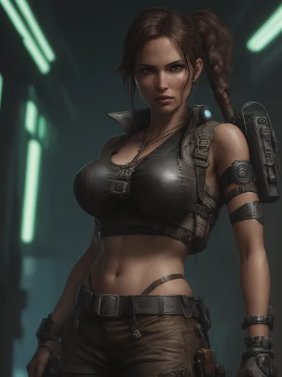 Lara Croft. Cyborg arm attachments adorn her left sleeve, along with leather gear and aviator shades on. Reimagined in a cyberpunk universe, cyberpunk style, cyberpunk, cyberpunk outfit, punk hair, augmentation, cybernetics, glowing neon lights, cinematic scene, hero view, action pose, beautiful 8k, detailed background, masterpiece, best quality, high quality, absurdres, vivid.