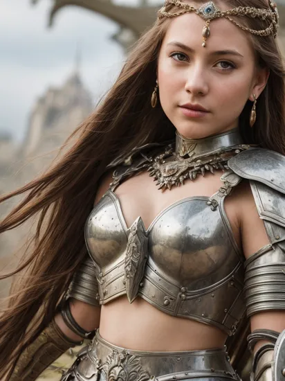 portrait photography, warrior princess, metal armor, castle, masterpiece, high quality, soft colors, bokeh, (high detailed skin:1.1)
  luv