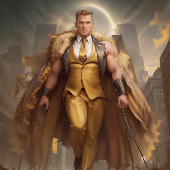 , oscar, tiger, [slightly chubby], muscular male, evil grin, full-length portrait, detailed background, formal wear, sleeveless jacket, necktie, [side view], [high-angle view], [[action pose]], yellow sclera, black pupils, front view, , sunlight, contemplating, city, city background, particles, (holding gun), running, james bond, 007, bare arms, tiger tail,