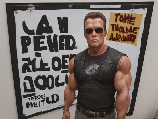Photo of Terminator Arnold Schwarzenegger with a sign that says "I'll be back"