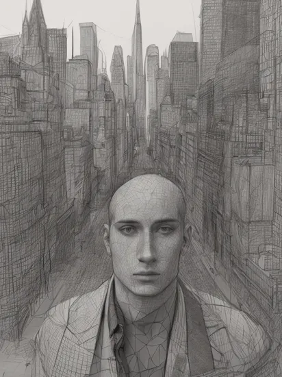 guttonerdvision10, Close-up of a male model poses in avant-garde geometric fashion. Pencil sketch, architectural illustration, urban landscape, perspective drawing, intricate details, city skyline, busy streets, iconic landmarks.