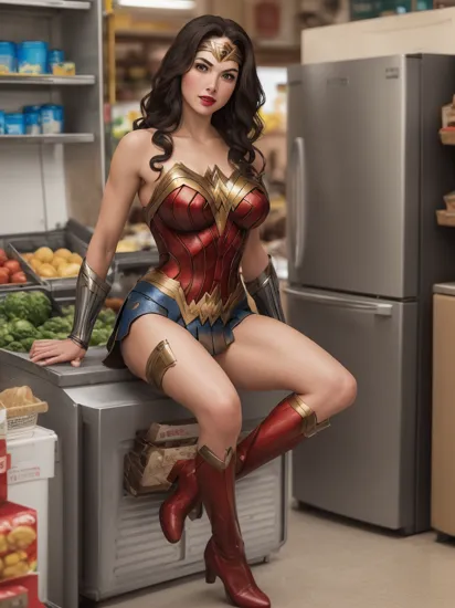 Photo of Wonder Woman sitting on top of a refrigerator, defending a local marketplace.
blurry, red lips, [smiling|mouth open], looking to the viewer, dynamic pose, piercing gaze.
