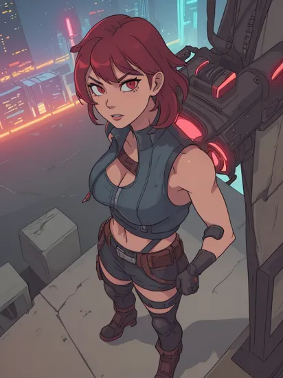 Cyberpunk Lara Croft, a heavily modified and armored woman with glowing red eyes, standing on top of a skyscraper overlooking the neon-lit city below. reimagined in a cyberpunk universe, cyberpunk style, cyberpunk, cyberpunk outfit, punk hair, augmentation, cybernetics, glowing neon lights, cinematic scene, hero view, action pose, beautiful 8k, detailed background, masterpiece, best quality, high quality, absurdres, vivid.