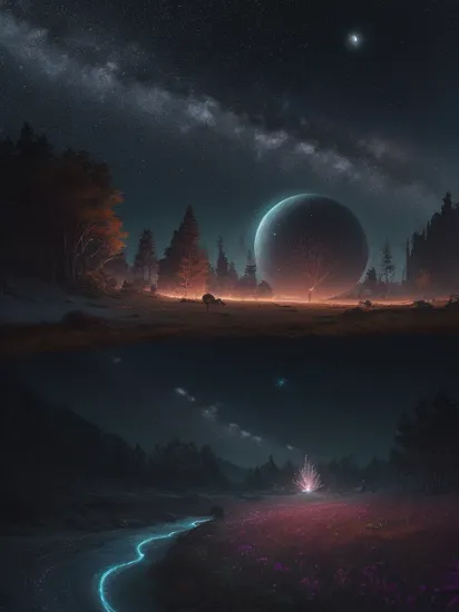 Astrophotography, Night Sky, Star Trails, Celestial Wonders , Herd, Predator, Prey, Flock, Bio-digital floral installations inspired by Georgia O'Keeffe, organic, vibrant, sensual, AI's interpretation of botanical beauty., Filip Hodas, edward hopper and james gilleard, Futuristic Panorama: Simon Stalenhag's universe background comes to life with a blend of his signature particulate detailing and Wlop's ethereal characters, the scene radiating elegance and mystery.