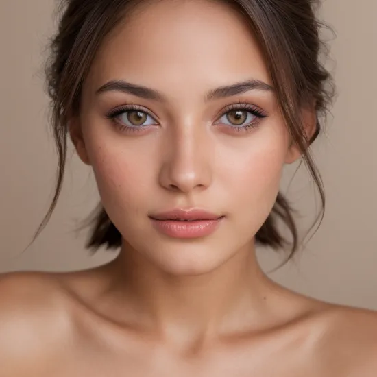 Professional portrait photography of the face of a beautiful girl with (glossy nude lips) with brown eyes, Nikon Z9, looking at the camera, realistic matte skin, highly detailed, skin texture visiblec