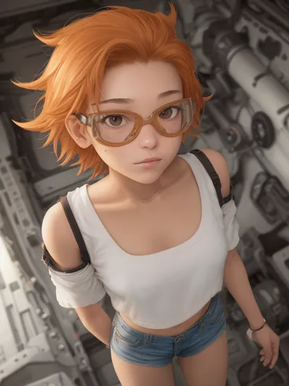 Edward,tan skin,tomboy,midriff,orange hair,(white loose shirt),off shoulder,spiked hair,barefoot,bike shorts,brown eyes,goggles on head,blush stickers,(grin:0.8),space station,engine room,(insanely detailed, beautiful detailed face, masterpiece, best quality) volumetric lighting,best quality,masterpiece,intricate details,tonemapping,sharp focus,hyper detailed <lora:Edward-06:0.8>,dynamic angle,from above,