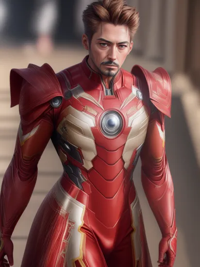 Hyperrealistic and heavy detailed fashion runway show inspired by Iron Man (Tony Stark), detailed face, real, atmospheric,   sharp, 8k, Canon50, leica sl250, detailed skin,    high textured, maximalist, atmospheric, raytracing, real life