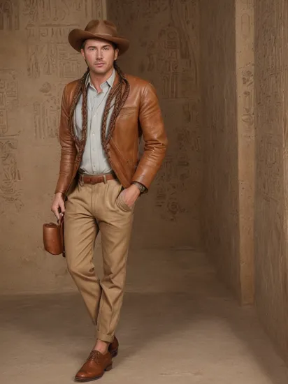 1930's style, inside tomb of Egyptian Pharaoh, hieroglyphics on walls, ColbyTaylor dressed as Indiana Jones in Raisers of the Lost Ark, white cotton dress shirt, ((wearing a brown fedora)), ((brown leather jacket)), ((brown trousers):1.5), cotton trousers, brown socks, holster on belt, pistol in holster, dynamic pose, (holding a braided whip:1.4), (((full body portrait))), wide angle,   