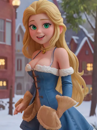 (best quality, masterpiece), rapunzel, 1girl, long hair, breasts, looking at viewer, blonde hair, cleavage, medium breasts, green eyes, thick eyelashes, vivid colors, night, night time, fur lined winter coat, denim jeans, black corset, bare shoulders, navel, snowing, snow, paper lantern, backlight, dramatic lighting, bokeh background, glitter, tree lined city street, stifled laugh , hand on own ass, 