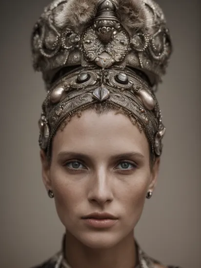 A stunning and detailed portrait photography of an ancient male model wearing a futuristic headpiece on the cover to vogue magazine, by Lee Jeffries. Cinematic, hyper realism, dramatic lighting, high detail 4k. Award winning photo. Canon 50mm f/1.4 iso 200 film. Photography by Paul Lehr and Edward Hopper 