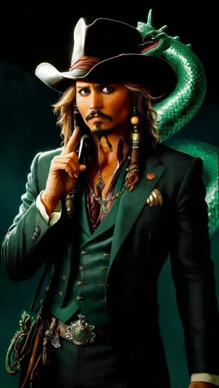 Johnny Depp, Corporate dragon master, (emerald-eyed serpent), ((suave male @JohnnyDepp)), sleek suit, contemplative expression, mystical companion, (flame of ambition), (air of command).