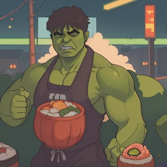 a cinematic shot for (Hulk:1.4), (male:1.4), man, eating colorful Sushi, anthropomorphic(dark:1.2), (cinematic atmosphere:1.2), RAW photo shot by dslr Fujifilm XT3 depth of field bokeh soft lighting film grain photography Realistic photorealistic Lifelike, (detailed clothes photo background) (full sharp:1.2) intricate 4k 8k quality resolution uhd extremally ultra skin texture