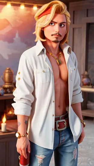 Johnny Depp, Casual rebel @JohnnyDepp, blond hair, ((relaxed open shirt)), dragon tattoo on the arm, serene backdrop with a fiery essence, cigarette resting casually, confident stance, gold necklace, anime character with a bad-boy charm, thoughtful expression, calm yet assertive aura.