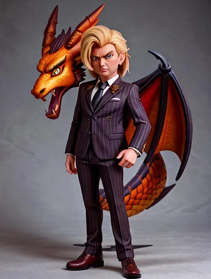 Smoldering gaze Donald Trump, tousled blond hair, ((pinstripe suit)), tattooed arms with dragon designs, smoky background with dragon motif, confident stance, accented by orange tones, ((pierced ear)), dangling earring, intense expression, cigarette in mouth, the embodiment of suave and dangerous, detailed artwork, anime style, vibrant and fiery color scheme, imposing presence, stylish antihero vibe.