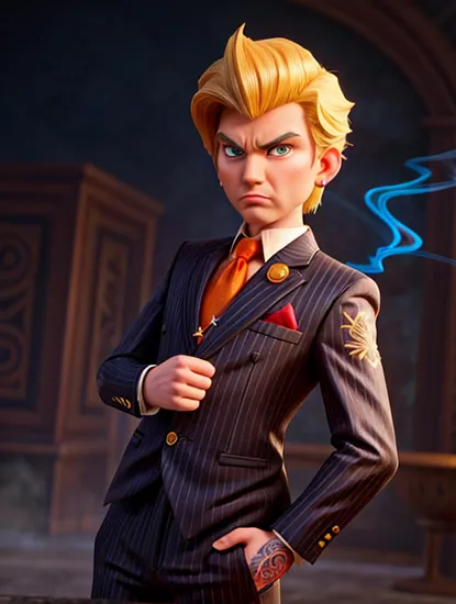 Smoldering gaze Donald Trump, tousled blond hair, ((pinstripe suit)), tattooed arms with dragon designs, smoky background with dragon motif, confident stance, accented by orange tones, ((pierced ear)), dangling earring, intense expression, cigarette in mouth, the embodiment of suave and dangerous, detailed artwork, anime style, vibrant and fiery color scheme, imposing presence, stylish antihero vibe.