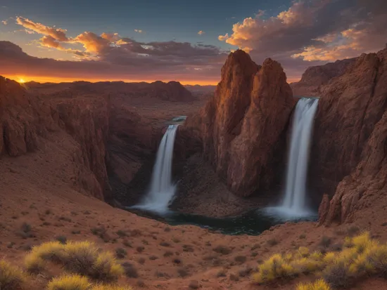 RAW, 8K, HD, Sharp Focus, landscape photography, a stunningly beautiful landscape,  after sunset, photorealistic, absurdres, hyperrealistic,  (crepuscular rays:0.5) the arizona desert , waterfall, award winning landscape photography, HDR