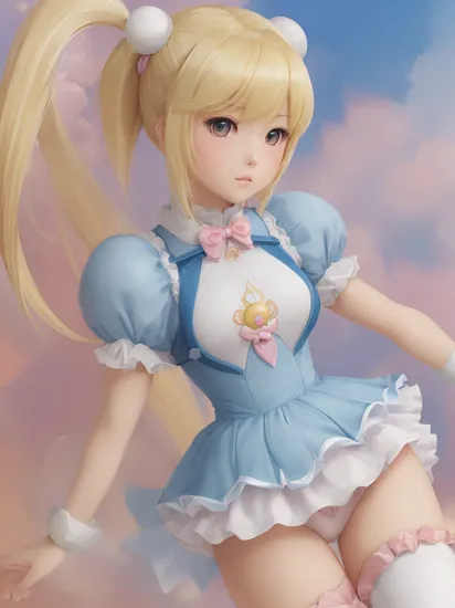 (kanamemadokaoutfit:1), (samus aran) dressed in (puffy blue magical girl outfit), (blonde girly twintails), magical girl, masterpiece, best quality, (perfect face, beautiful face, symmetric face)