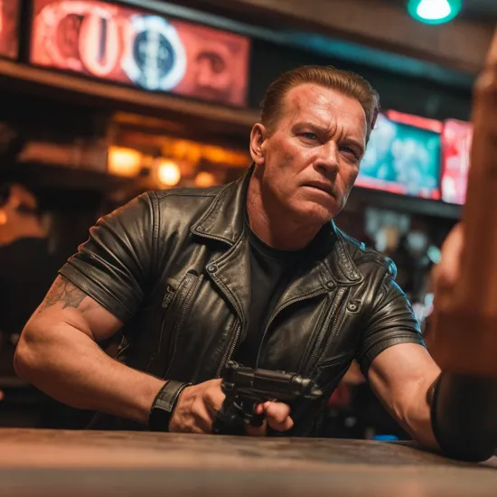 Action shot of [T-800 Terminator:2|Arnold Person] pointing a pistol at the viewer, biker bar uptown New York, bloody face, uhd, 8k, dslr, intricate, insane details, realistic, photography, film grain, , 