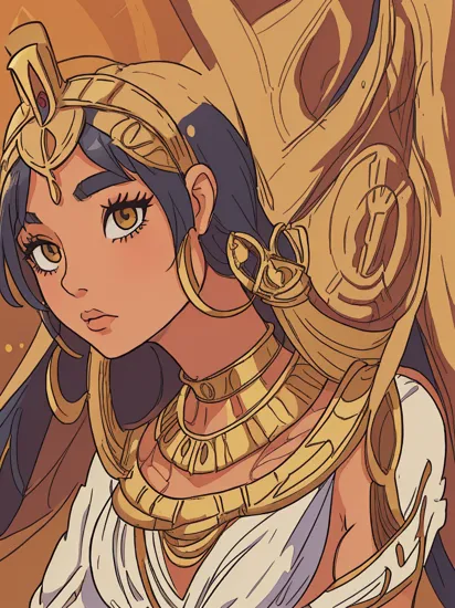 Comic style, dc graphic novel, marvel, intricate details,, (1girl, deep tan:1.2), close up body shot, beautiful Egyptian pharaoh Cleopatra walking through a bustling market place, sensual pose, (pharaohs head dress with opulent sheer silk clothing and lavish gold jewelry:1.1), white pyramids in the distance