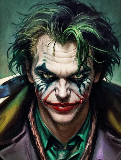 Joe Madureira Style, upper body,((glossy eyes)),(masterpiece, best quality:1.4)best quality, high detail, (detailed face), detailed eyes, (beautiful, aesthetic, perfect, delicate, intricate:1.0), joker painting of a man with green hair and a yellow jacket, digital art by Nicholas Marsicano, reddit, digital art, portrait of joker, portrait of the joker, portrait of a joker, the joker, joker, from joker (2019), #1 digital painting of all time, # 1 digital painting of all time, film still of the joker,