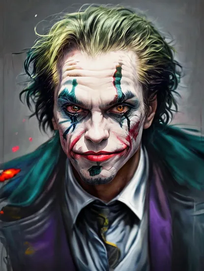 Joe Madureira Style, upper body,((glossy eyes)),(masterpiece, best quality:1.4)best quality, high detail, (detailed face), detailed eyes, (beautiful, aesthetic, perfect, delicate, intricate:1.0), joker painting of a man with green hair and a yellow jacket, digital art by Nicholas Marsicano, reddit, digital art, portrait of joker, portrait of the joker, portrait of a joker, the joker, joker, from joker (2019), #1 digital painting of all time, # 1 digital painting of all time, film still of the joker,