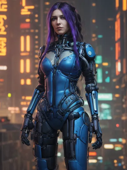 a portrait photography of a 32yo woman in neon purple long hair, (having bionic arms:1.5) from cyberpunk 2077 game, standing on top of building, rugged looking, (looking at viewer:1.5), action pose, (wearing cyberpunk style blue led suit:1.5), perfect eyes,  perfect iris, identical eyes, identical iris, face to body proportion, golden ratio, symmetrical eyes, symmetrical iris, balanced eyes, sharp eyes, realistic eyes,  perfect fingers,