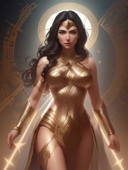 A ilustration of a greek goddes Wonder Woman, shot, centered, gold black color gel lighting, geometric shadows, glowing lights, symmetry, depth of field, intricate, elegant, highly detailed, digital painting, artstation, concept art, silver and white futuristic costume, smooth, sharp focus, illustration, as imagined by Greg Rutkowski and Borris vallejo. 