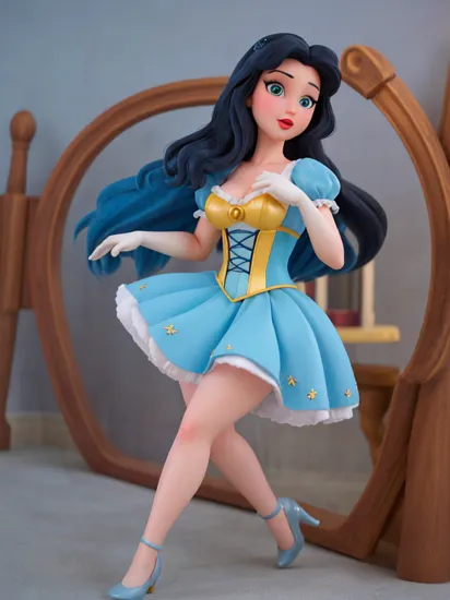 Sexy pinup model, Disney princess snow white, high_res, detailed eyes, , tight blue corset, , yellow dress, fluffy hair, magical ,snowwhite
