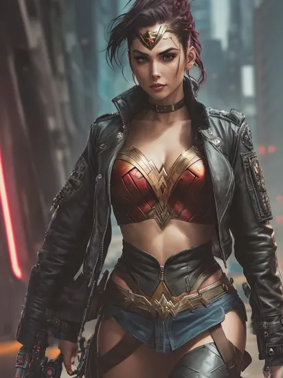 wonder woman, dressed as a punk, shaved side head hairstyle, detailed long hair, wearing short unzipped crop army jacket, crop top, cleavage, smirking, cyberpunk style, professional comic book style, daytime skies, AGGA_STDB013,
,