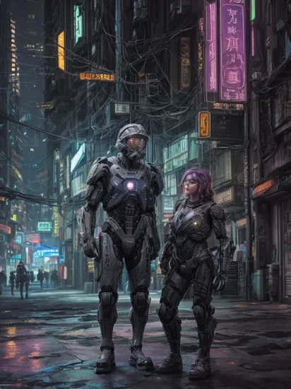 concept art Two people, (bright glowing tattoos hologram Cortana) and (military camouflage colored cyborg Master Chief), colorful cyberpunk city, cyberpunk, cyberpunk art style, glowing multicolored neon lights, raining, (lightning), cinematic scene, detailed background, masterpiece, best quality, high quality, highres, absurdres, 16k resolution    . digital artwork, illustrative, painterly, matte painting, highly detailed