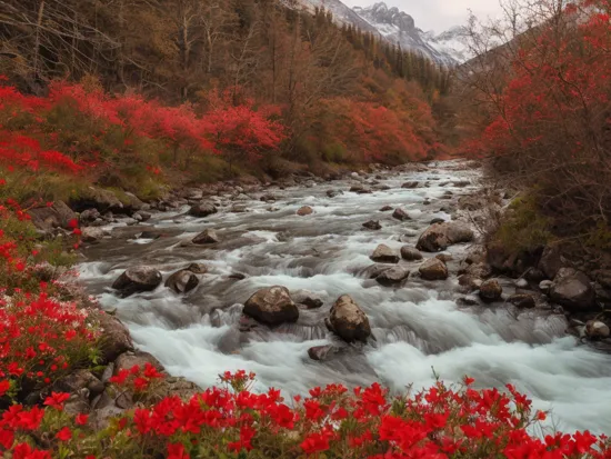 Cinematic photo of a stunning landscape, snow cap mountain, river, red flowers, ((light bokeh)), intricate, elegant, sharp focus, raw photography, masterpiece Landscape Photography