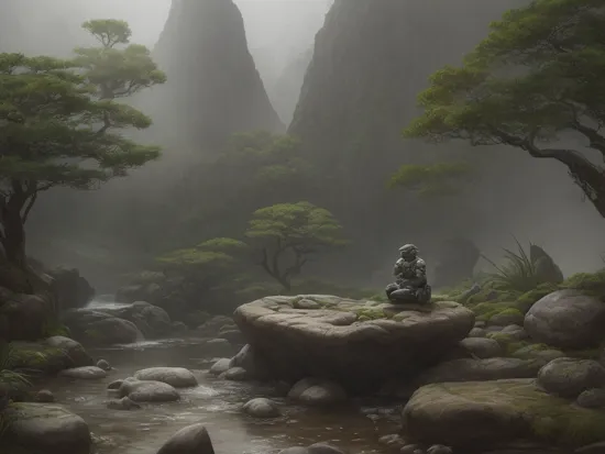 a detailed scene of a stunningly beautiful, serene zen garden in volumetric fog and rain. soothing. captivating. insanely detailed. master chief from Halo, wearing Mjolnir armor, is sitting on a rock meditatively, contemplating the beautiful garden. dynamic view. 
masterpiece composition, trending on artstation in the style of artgerm and greg rutkowski and gerald brom