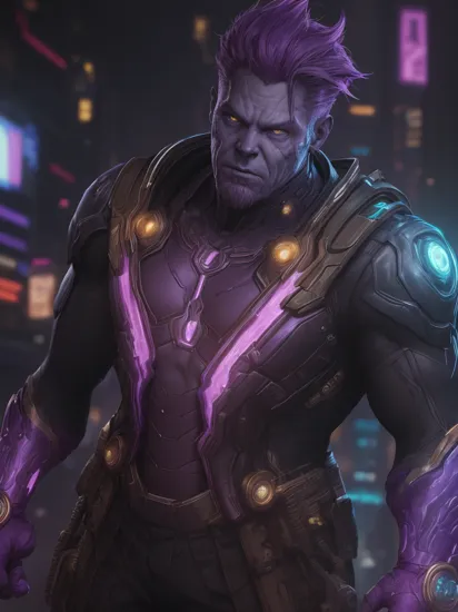 , male thanos marvel character from avengers movie in purple skin and action pose wearing infinity gauntlet with infinity stones, (reimagined in a cyberpunk universe), (cyberpunk style), (cyberpunk), (cyberpunk outfit), (punk hair), (augmentation), (cybernetics), glowing neon lights, cinematic scene, hero view, action pose, beautiful 8k, detailed background, masterpiece, best quality, high quality, absurdres, vivid, detailed skin texture, (brooding:0.5), (goosebumps:0.5), subsurface scattering,    