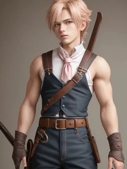 Highly detailed, High Quality, Masterpiece, beautiful, BackHairRibbon, , 1boy, solo, hair bow, pink bow, bow, cowboy shot, cloud strife, shoulder armor, sleeveless turtleneck, suspenders, belt, 