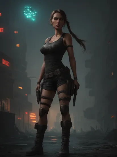 Lara Croft. Standing amidst the dystopian ruins of a cityscape, with an LED-lit drone flying above her head. Reimagined in a cyberpunk universe, cyberpunk style, cyberpunk, cyberpunk outfit, punk hair, augmentation, cybernetics, glowing neon lights, cinematic scene, hero view, action pose, beautiful 8k, detailed background, masterpiece, best quality, high quality, absurdres, vivid.