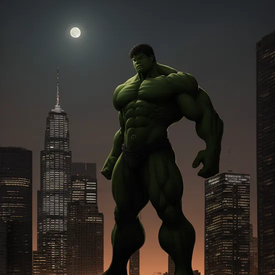 hulk, towering over the cityscape, arms crossed, stern expression, full body, streets, night, moonlit silhouette, intricate details, masterpiece, absurdres, best quality 