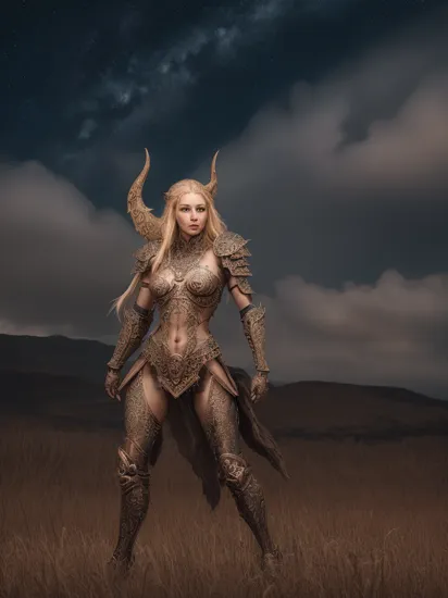 RAW photo of beautiful demon woman in viking armor,(side view:0.8),(extreme full body view), beautiful woman, astrophotography, blond hair, in field with a starry sky, biomechanical details,real skin,pores, (masterpiece), (extremely intricate:1.3), (realistic), 8k, dslr, soft lighting, high quality, film grain, Fujifilm XT3,sharp focus, tattoo, ,neon, slim face