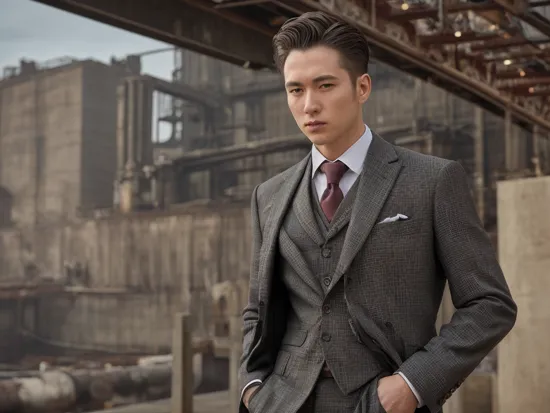 Realistic half-body portrait of a gentleman wearing a Zhongshan suit, capturing the essence of his refined and elegant style, intricate details of the suit's design and fabric, lifelike portrayal of his facial features, set against the backdrop of the Salt Gang Wharf, showcasing the industrial atmosphere and architectural elements, meticulous attention to lighting and shading, (refined style:1.2), (intricate details:1.2), (industrial atmosphere:1.1)
