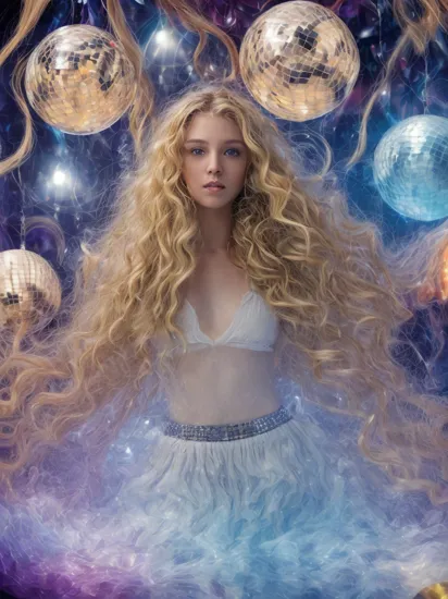 (dynamic pose:1.2),(dynamic camera),cute mythological skinny slim young goddess,(long blonde curly hair:1.3),(look to camera),(posing for photoshoot:1.2), godrays,(wind swirl floating (disco balls) on abstract volumetric background:1.3), in the style of intimacy, dreamscape portraiture,  solarization, shiny kitsch pop art, solarization effect, reflections and mirroring, photobash, (composition centering, conceptual photography), , (natural colors, correct white balance, color correction, dehaze,clarity)