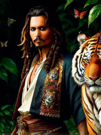Johnny Depp, Noble warrior @JohnnyDepp, standing with a ((tiger companion)), adorned in a black and gold patterned kimono, sharp gaze, dark hair slicked back, an air of quiet strength and elegance, surrounded by delicate butterflies, a fusion of nature and the human spirit, traditional meets modern.