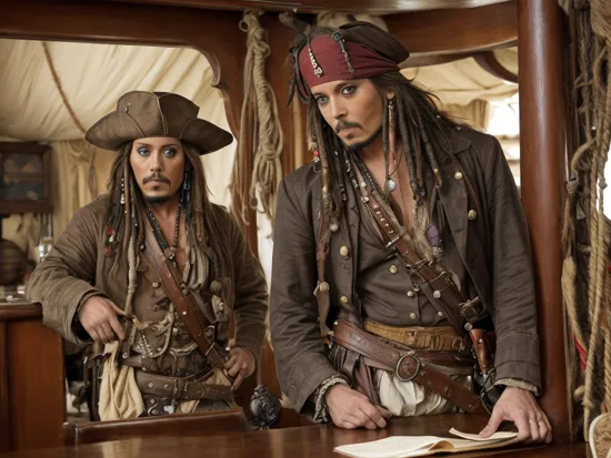 captain jack sparrow standing in the captains quarters onboard the black pearl, a monkey on the bookshelf looking at the viewer