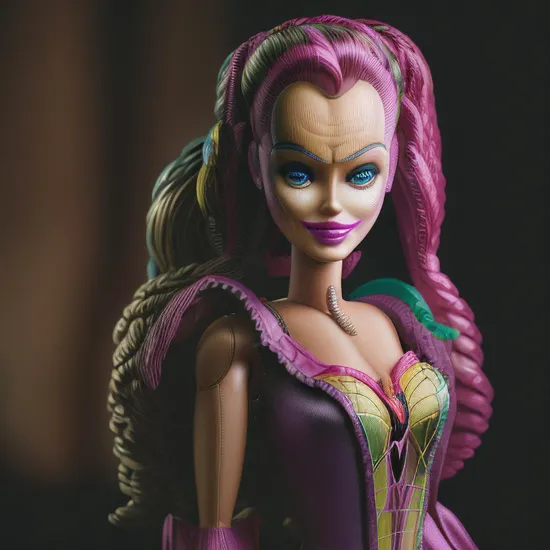 a (barbie dressed as the Joker:1.6), (dark:1.2), (cinematic atmosphere:1.2), RAW photo shot by DSLR Fuji-film XT3 depth of field, soft lighting film grain photography Realistic photo-realistic Lifelike, (detailed clothes photo background), (full sharp:1.2), intricate 4k 8k quality resolution UHD, extremely ultra textures, Centered, digital art