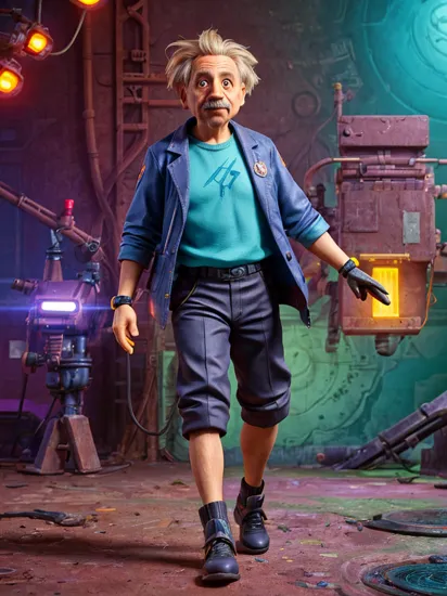 Albert Einstein, cyberpunk style, cyberpunk reimagined, neon lights, dystopian, vivid, glowing, hero view, action pose, cinematic scene, dramatic lighting, colorful, bright colors, science fiction, beautiful 8k, masterpiece, best quality, high quality, absurdres