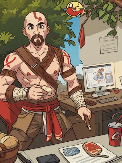 god of war kratos eating icecream, (ps1 style:1),  , (game screenshot), (computer generated image)