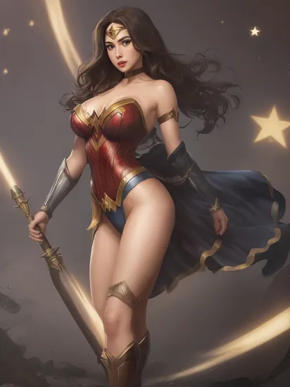  finch, Wonder Woman, 1girl, solo, long hair, breasts, large breasts, black hair, cleavage, bare shoulders, boots, choker, star (symbol), leotard, lips, tiara  X23,